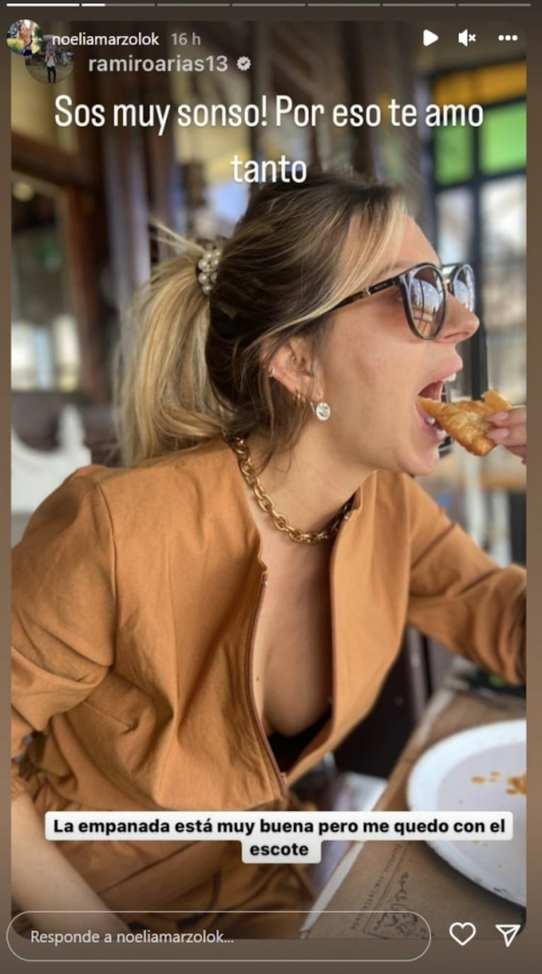 Noelia Marzol reaccionó al pícaro mensaje de su marido al verla comer una empanada