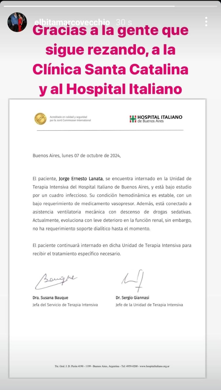 Nuevo parte médico de Jorge Lanata.