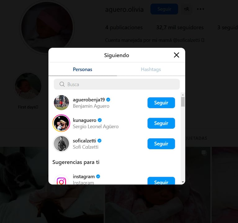 Olivia, la hija recién nacida de Kun Agüero y Sofía Calzetti ya tiene Instagram: a qué tres personas sigue