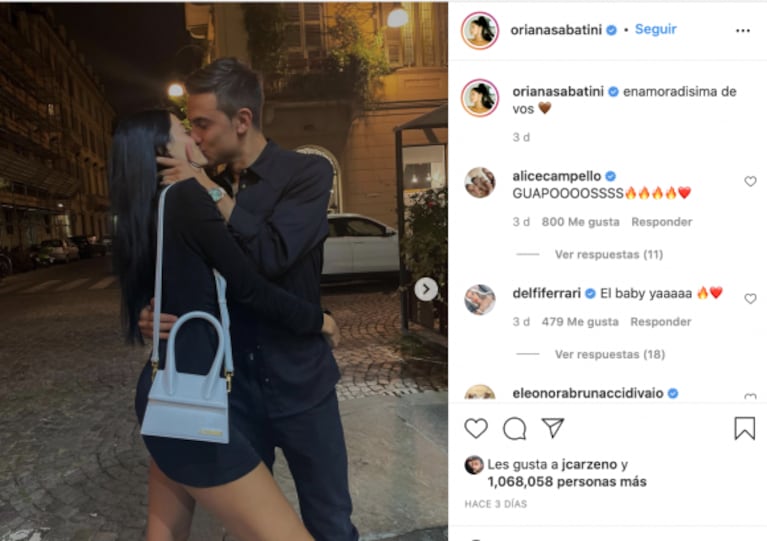 Oriana Sabatini y Paulo Dybala, a los besos en la noche italiana: "Enamoradísima de vos"