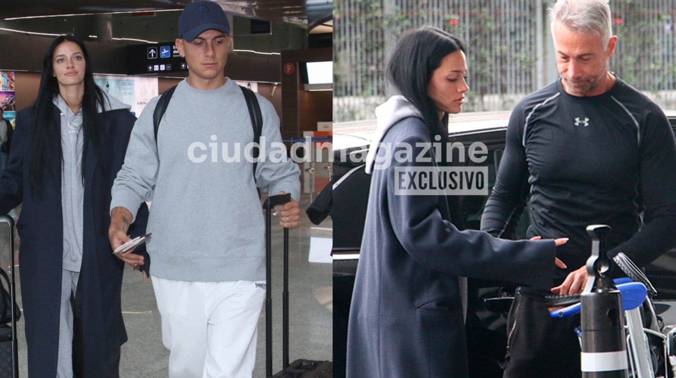 Oriana Sabatini y Paulo Dybala en Ezeiza. Fotos: Movilpress