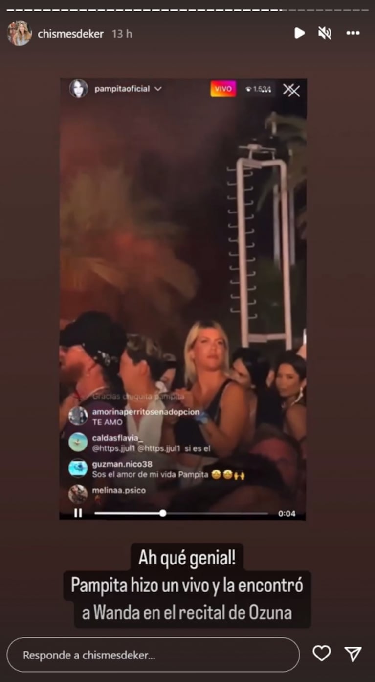 Pampita coincidió con Wanda Nara en una fiesta en Ibiza y la mostró en un vivo 