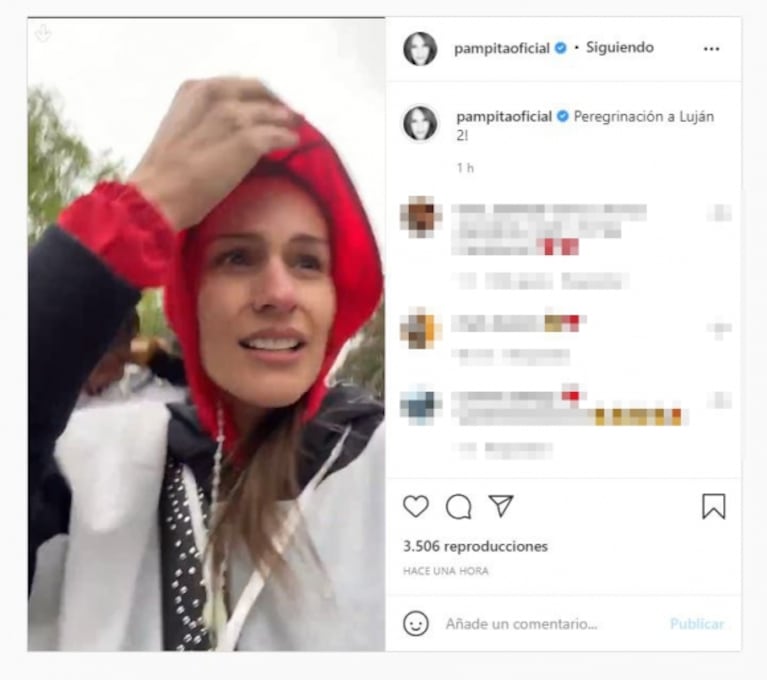 Pampita cumplió su promesa de ir caminando a Luján y la sorprendió la lluvia: "Me pongo una bolsa de residuo y listo, está bárbaro este sistema"