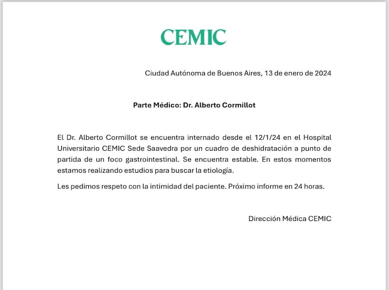 Parte Médico Alberto Cormillot