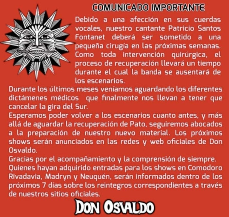 Pato Fontanet será operado de sus cuerdas vocales y se alejará nuevamente de los escenarios: el comunicado