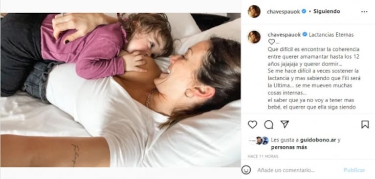 Paula Chaves compartió sus sentimientos por dejar de amamantar a Filipa, que tiene dos años