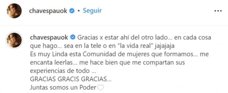 Paula Chaves les dedicó a su "comunidad de mujeres" un conmovedor posteo: "Juntas somos un poder"