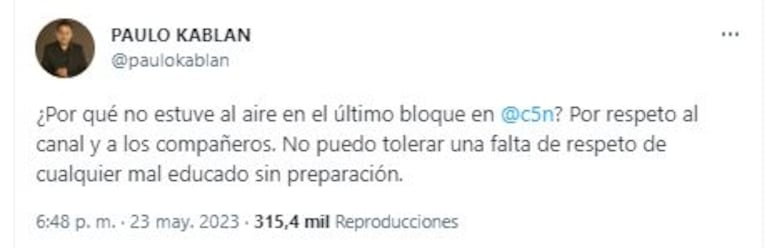 Paulo Kablan, contundente tras el tenso cruce con Diego Brancatelli: "No tolero a un mal educado sin preparación"