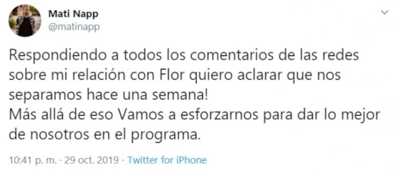 Pese a la desmentida de Flor Vigna, Mati Napp anunció el fin del romance: "Nos separamos hace una semana"