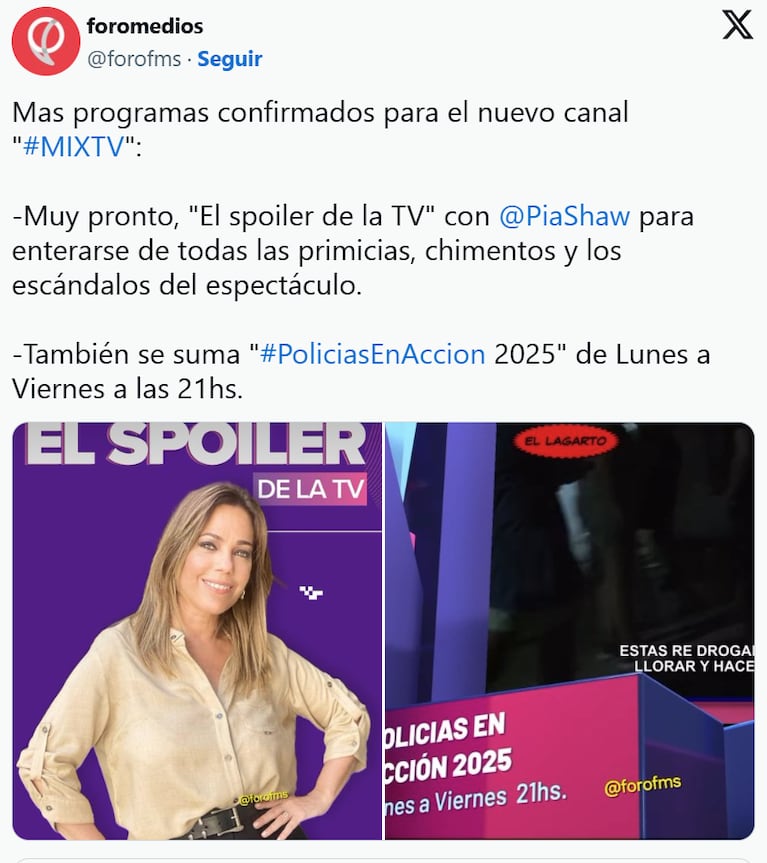 Pía conducirá un nuevo programa de espectáculos.