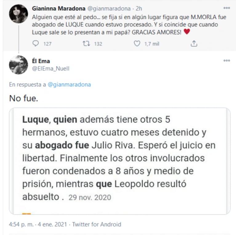 Picante duda de Gianinna Maradona sobre Matías Morla: "¿Fue abogado de Leopoldo Luque cuando estuvo procesado?"