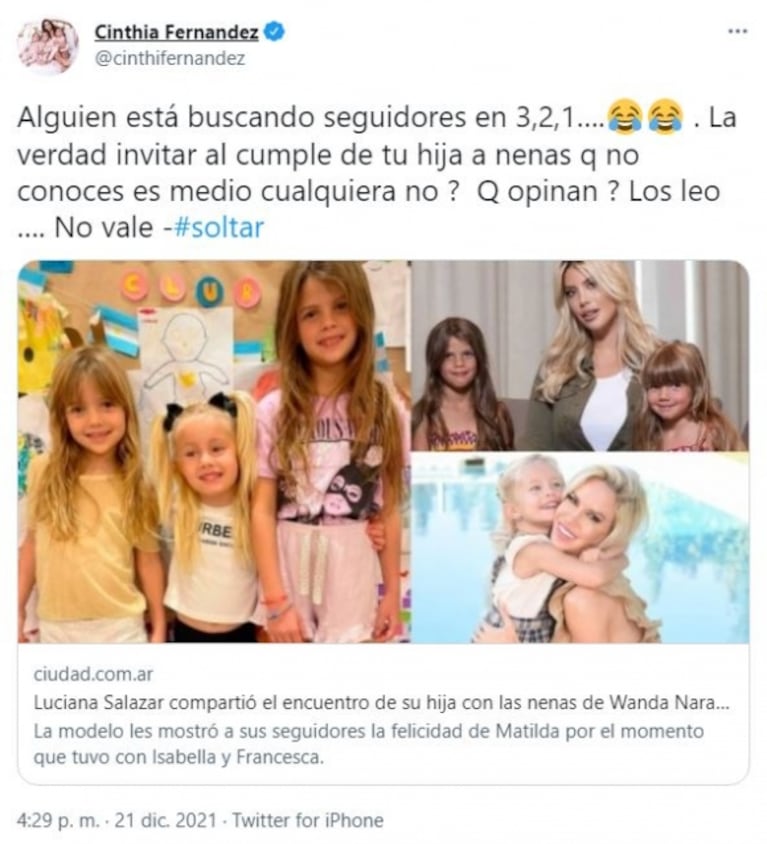 Picante reacción de Cinthia Fernández al ver a las hijas de Wanda y Luciana Salazar juntas: "Alguien está buscando seguidores"