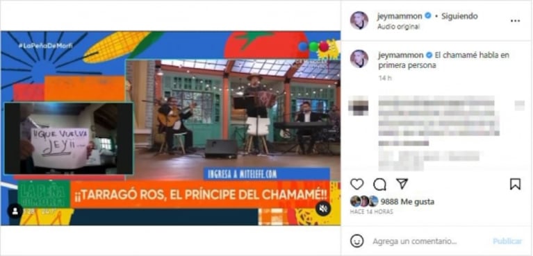 Picante reacción de Jey Mammon por el mensaje que se filtró en La peña de Morfi: "El chamamé habla en primer persona" 