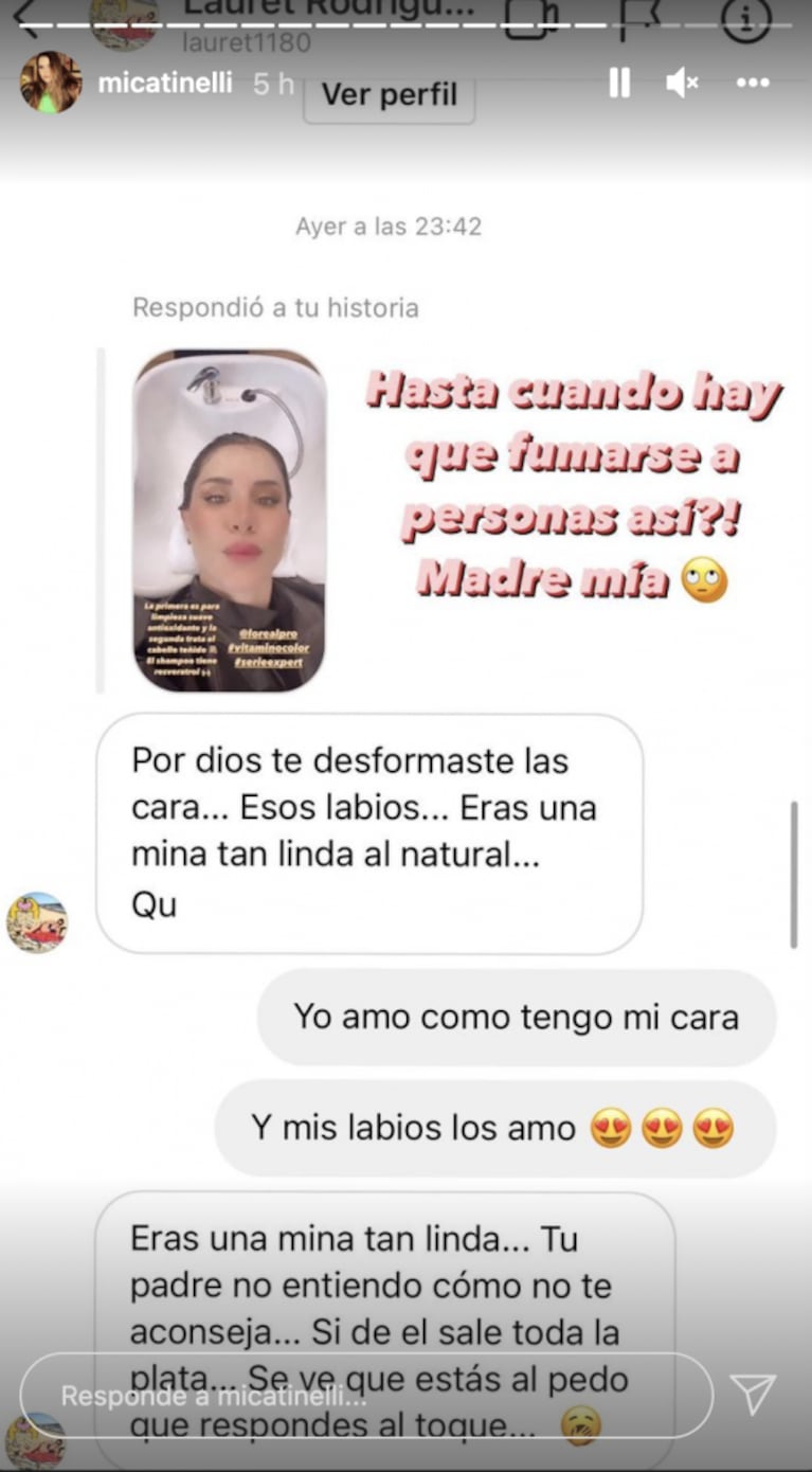 Picante reacción de Mica Tinelli con una seguidora que criticó su imagen: "¿Hasta cuándo hay que fumarse a personas así?"