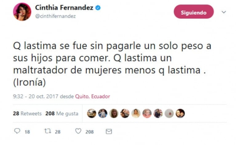 Picantes tweets de Cinthia Fernández tras la muerte de Federico Luppi