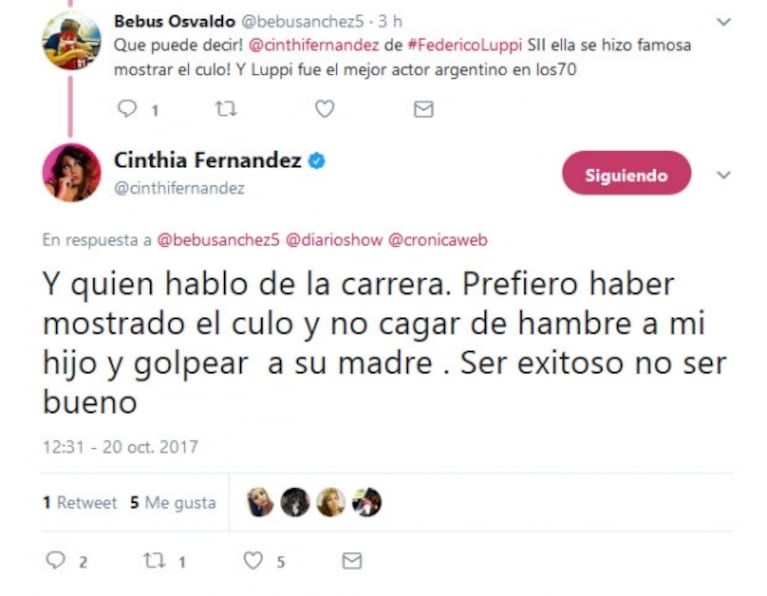 Picantes tweets de Cinthia Fernández tras la muerte de Federico Luppi