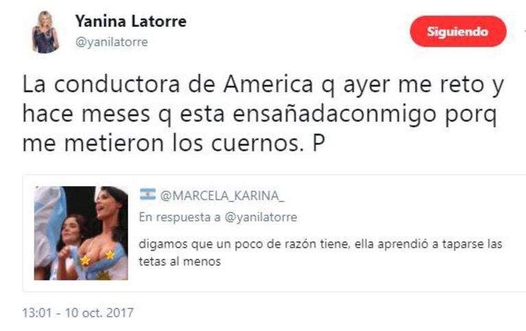 Picantísimos tweets y RT’s de Yanina Latorre, tras su pelea con Pamela David: "Ella aprendió a taparse las tetas al menos"