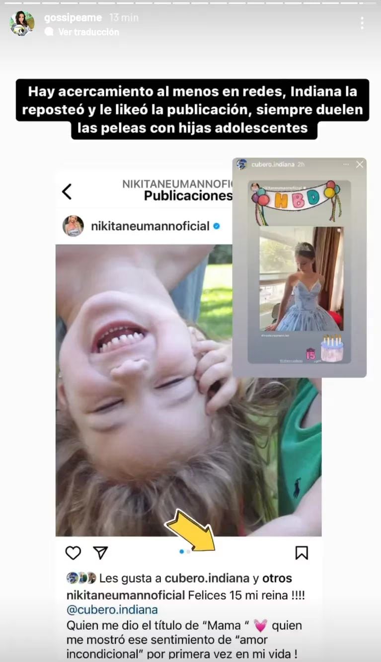 Pochi de Gossipeame mostró el Nicole Neumann e Indiana Cubero en redes sociales tras el saludo por sus 15 años.