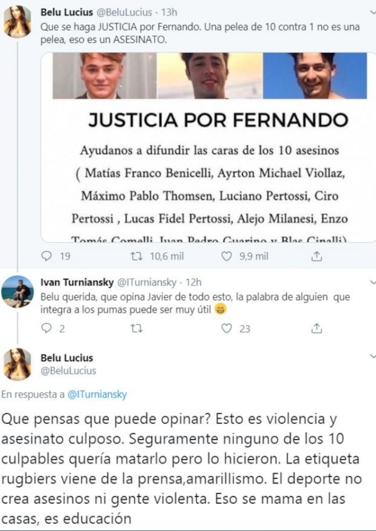 Polémica por la opinión de Belu Lucius sobre el asesinato de Fernando Báez Sosa: "Seguramente ninguno de los 10 culpables quería matarlo"