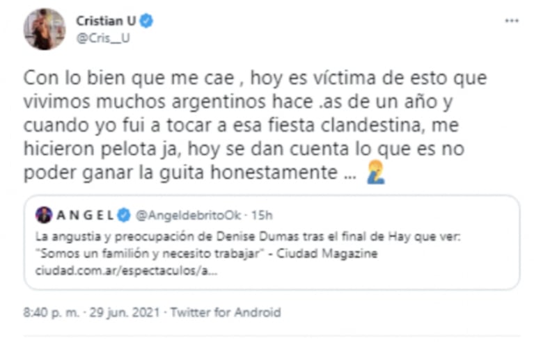 Polémicos tweets de Cristian U en contra de Denise Dumas por el final de Hay que ver: "Karma" 