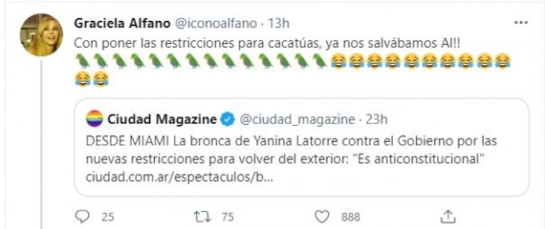 Polémicos tweets de Graciela Alfano tras el enojo de Yanina Latorre por las restricciones para volver a Argentina: "Ni en el país la quieren"