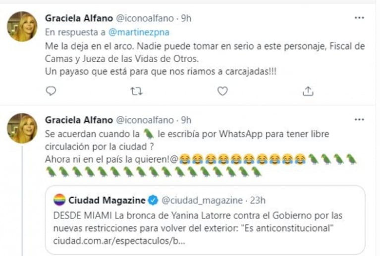 Polémicos tweets de Graciela Alfano tras el enojo de Yanina Latorre por las restricciones para volver a Argentina: "Ni en el país la quieren"