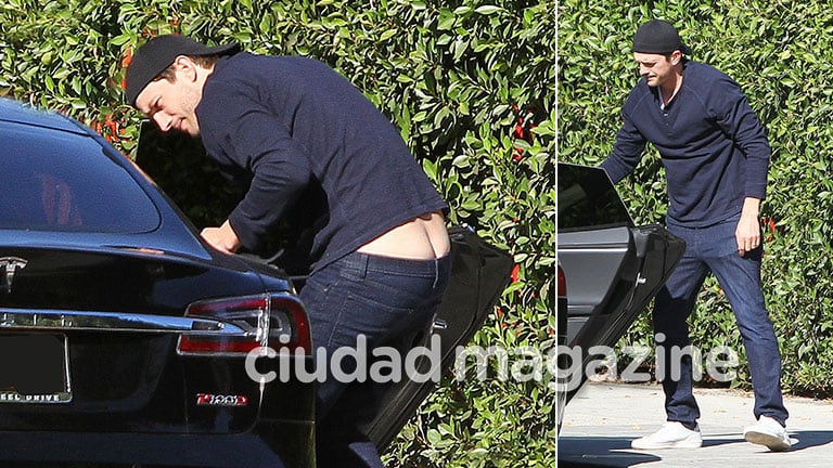 ¡Ponete un cinturón (y calzoncillos)! El divertido blooper de Ashton Kutcher a plena luz del día en las calles de Los Ángeles. (Foto: Grosby Group)