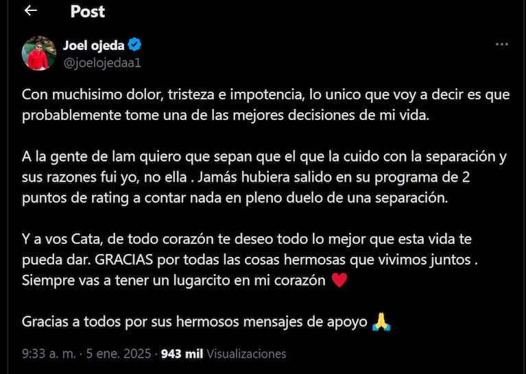 Por qué Joel Ojeda dejó a Catalina Gorostidi: el fuerte descargo del ex Gran Hermano