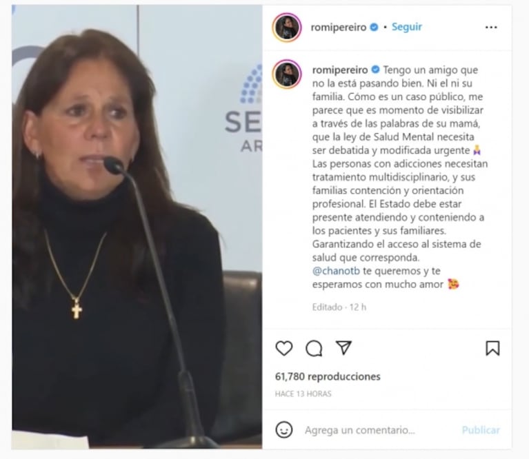 Profundo posteo de Romina Pereiro sobre las adicciones de su amigo Chano Charpentier: "No la está pasando bien"