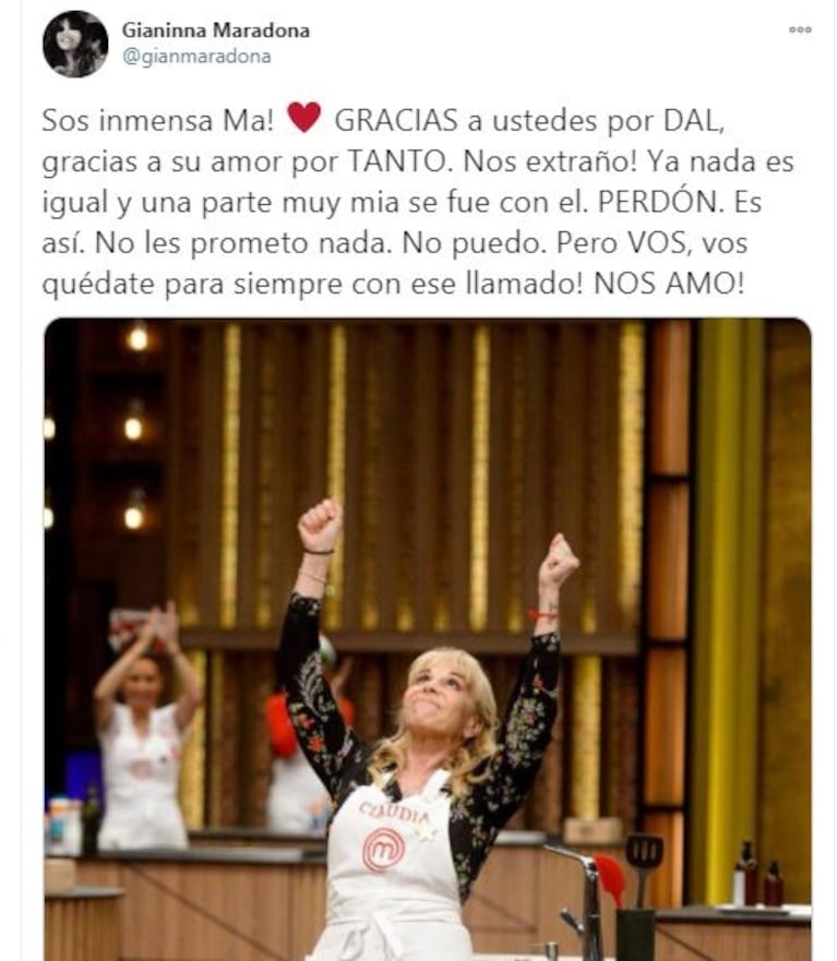 Profundo reconocimiento de Gianinna Maradona a Claudia Villafañe tras su homenaje a Diego en MasterChef: "¡Sos inmensa, ma!"