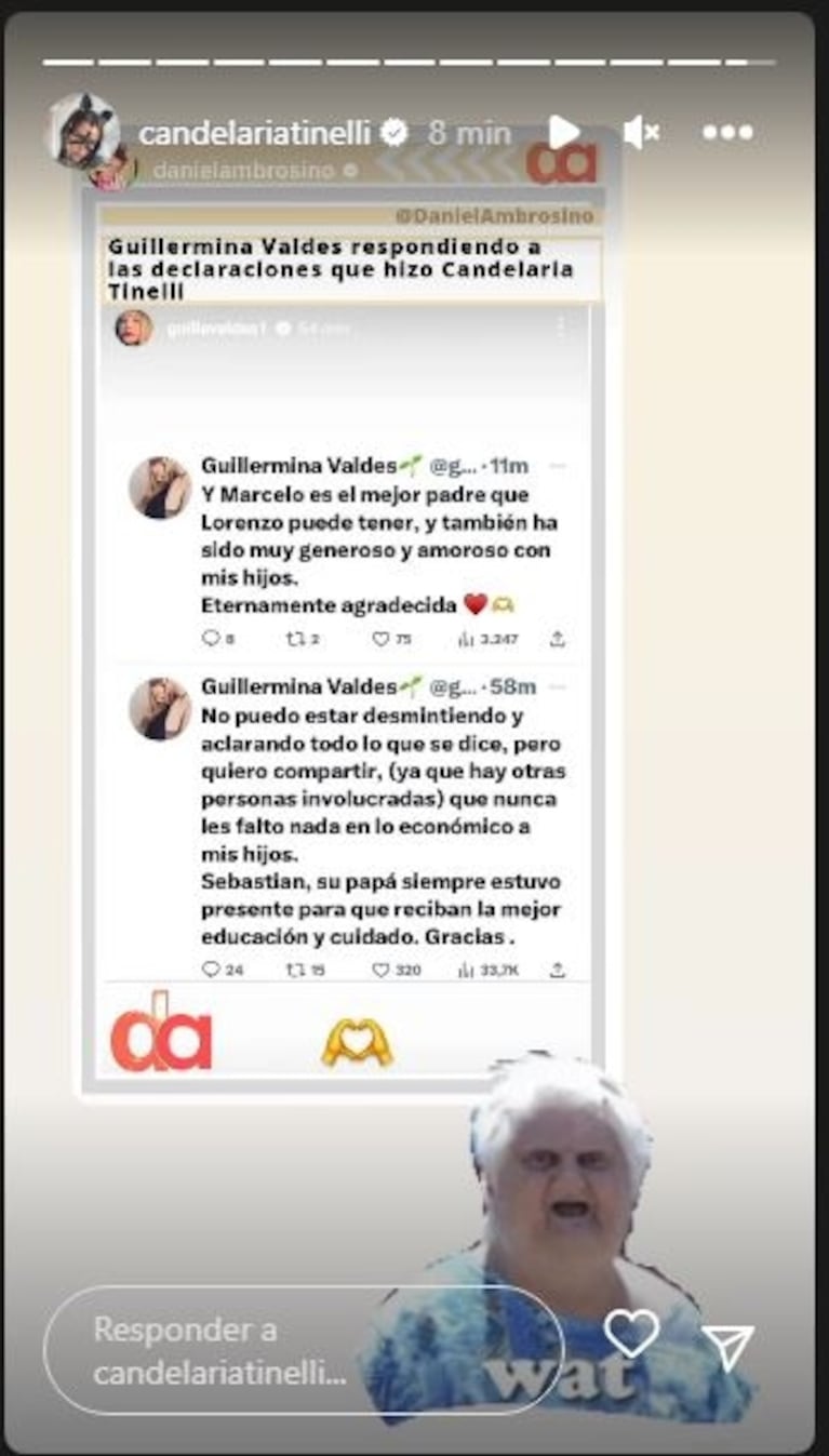 Provocadora reacción de Candelaria Tinelli a los posteos de Guillermina Valdés