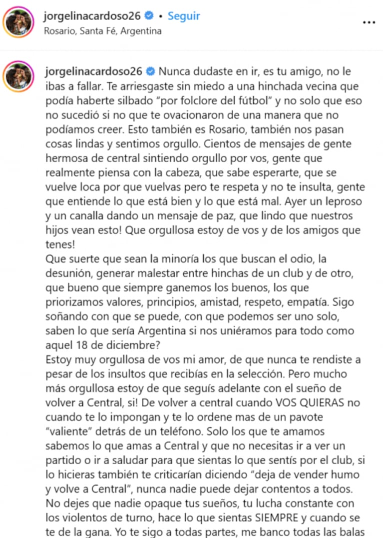  "Qué orgullosa estoy de vos y de los amigos que tenés": Jorgelina Cardoso defendió sin filtros a Ángel Di María