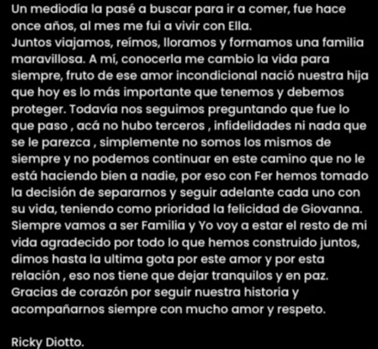 Ricky Diotto habló de los motivos de su sorpresiva separación de María Fernanda Callejón: "Acá no hubo infidelidades"