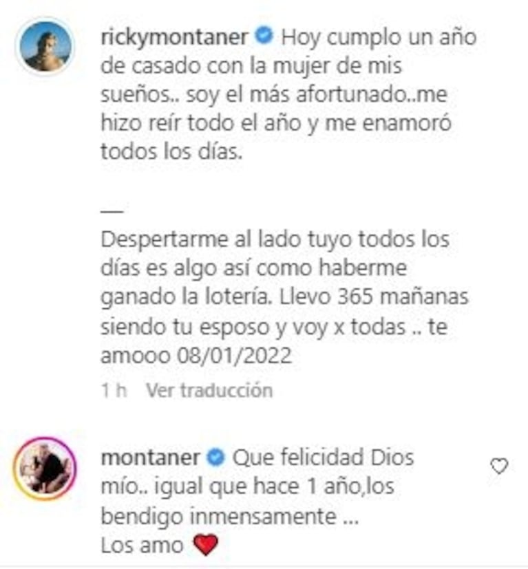 Ricky Montaner celebró con Stefi Roitman su primer aniversario de casados: su emotivo mensaje