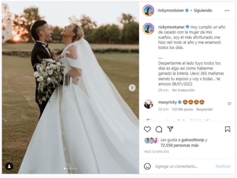 Ricky Montaner celebró con Stefi Roitman su primer aniversario de casados: su emotivo mensaje