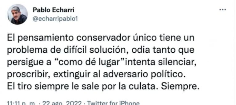 Roberto García Moritán cuestionó fuerte a Pablo Echarri tras su defensa a Cristina Kirchner