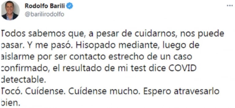 Rodolfo Barili confirmó que dio positivo de coronavirus: "Tocó, cuídense"