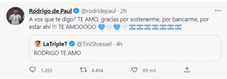 Rodrigo de Paul le dedicó a Tini Stoessel un tremendo mensaje de amor: "Te amo, gracias por sostenerme"