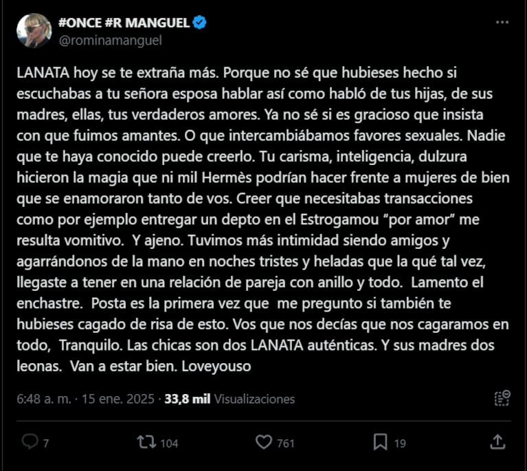 Romina Manguel en X contra Elba Marcovecchio.