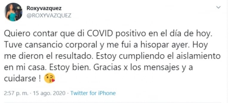 Roxy Vázquez confirmó que tiene Covid-19: "Estoy bien, cumpliendo el aislamiento en mi casa"