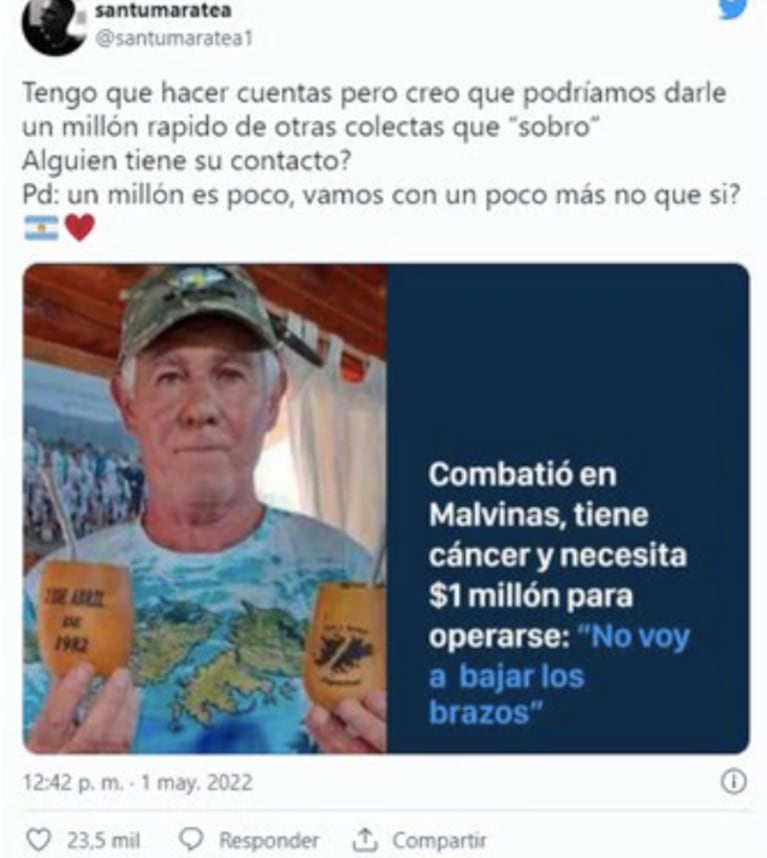 Santi Maratea inició una colecta para ayudar a un héroe de Malvinas: "¿Vamos por más?"