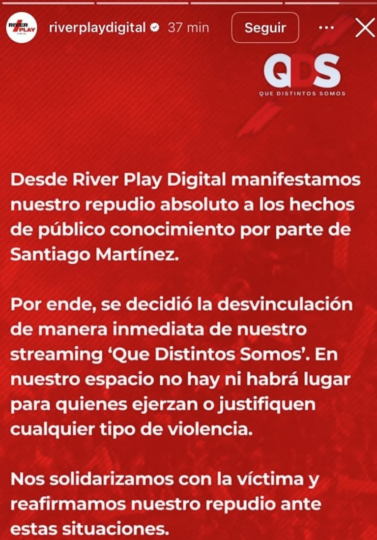 Santiago fue desvilculado de su trabajo: Foto: @riverplaydigital