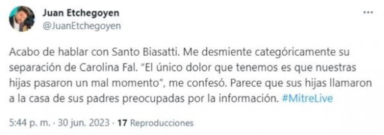 Santo Biasatti desmintió haberse separado de Carolina Fal: "El único dolor que tenemos es que nuestras hijas pasaron un mal momento"