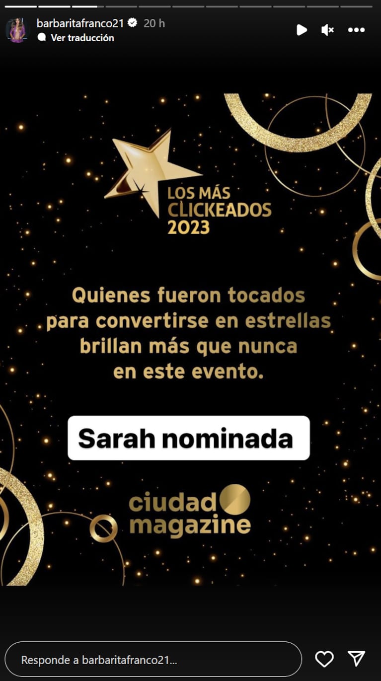 Sarah Burlando será premiada en Los más clickeados 2023 y Barby Franco lo anunció emocionada