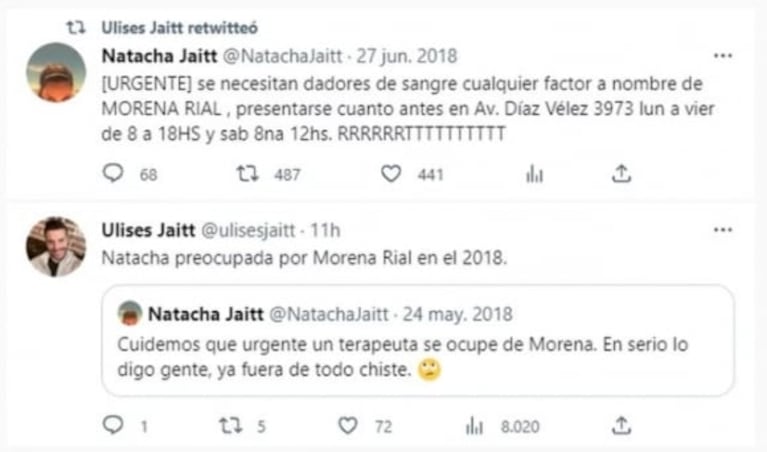 Se filtraron dramáticos mensajes que Morena Rial le enviaba a Natacha Jaitt desde la clínica 