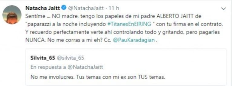 Silvia D'Auro, la ex de Rial, cruzó a Natacha Jaitt en Twitter: "No me involucres"