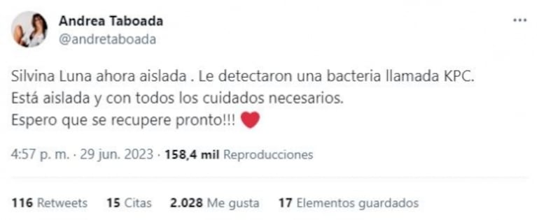 Silvina Luna tuvo que ser aislada: le detectaron una bacteria llamada KPC