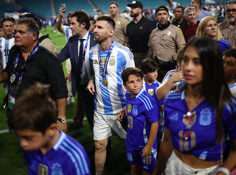 Soccer Football - Copa America 2024 - Final - Argentina v Colombia - Hard Rock Stadium, Miami, Florida, United States - July 15, 2024 Argentina's Lionel Messi with his family after winning the Copa America 2024 REUTERS/Agustin Marcarian