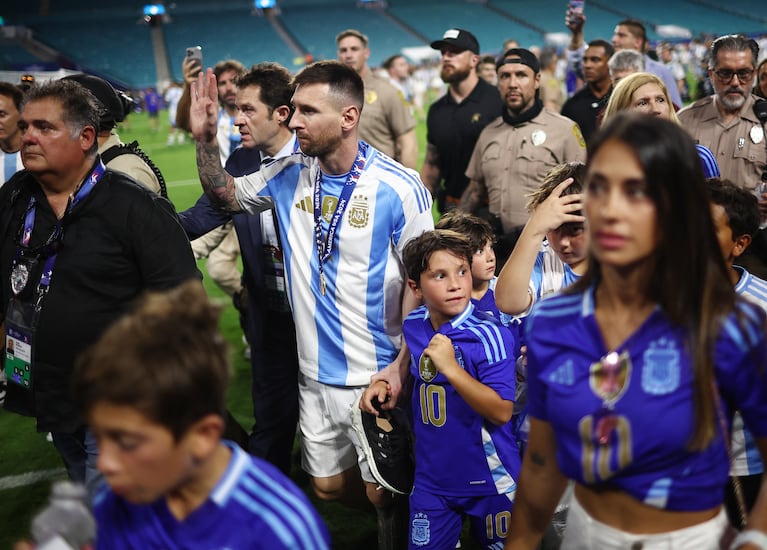 Soccer Football - Copa America 2024 - Final - Argentina v Colombia - Hard Rock Stadium, Miami, Florida, United States - July 15, 2024 Argentina's Lionel Messi with his family after winning the Copa America 2024 REUTERS/Agustin Marcarian