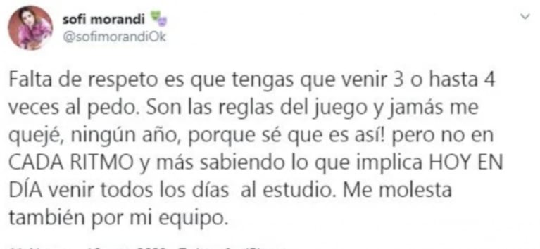 Sofi Morandi se enojó porque se fue nuevamente del Cantando sin salir a la pista: "¡Una falta de respeto venir al pedo!"